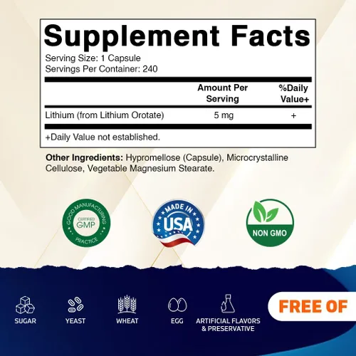Miniatura 2 de Vitamatic Orotato de litio de 5 mg, 240 cápsulas vegetales, sin OMG, sin gluten.