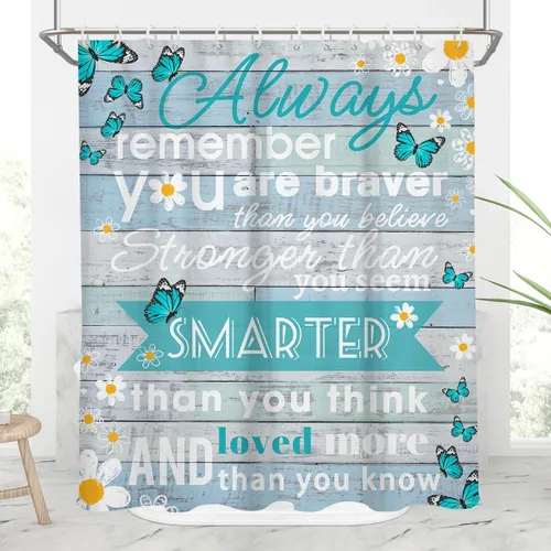 AAtter Cortina de ducha turquesa turquesa rústica para niñas, citas inspiradoras para niños, gris, blanco, negro, mariposa brillante, margarita,