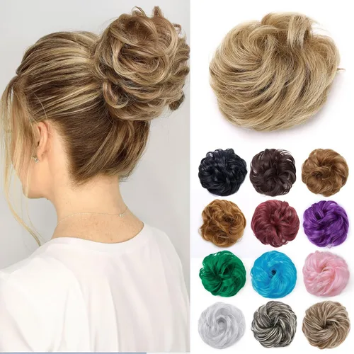 Miniatura 36 de Benehair Moño desordenado, pieza de pelo recogido para mujer, esponjoso, ondulado, moño con dona, moño sintético con banda elástica de goma