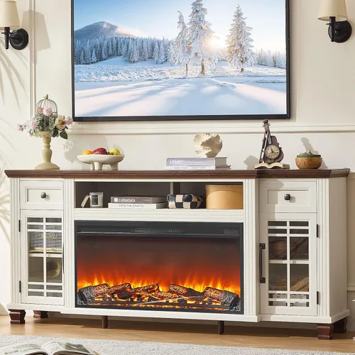 Miniatura 12 de SAVOR LIFE Soporte de TV con Chimenea para TV de 80'', Chimenea Eléctrica de 70" con Repisa, Centro de Entretenimiento Estilo Granja de 39" de Alto
