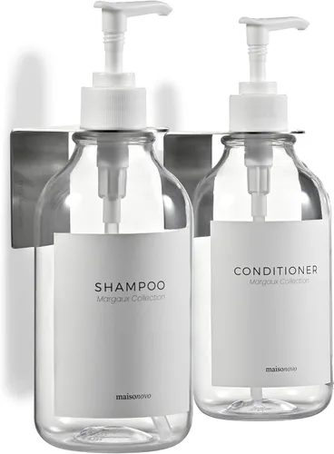 Miniatura 16 de MaisoNovo Dispensador de champú y acondicionador, dispensador de jabón de ducha montado en la pared, juego de 3 botellas de plástico ámbar de 16.9