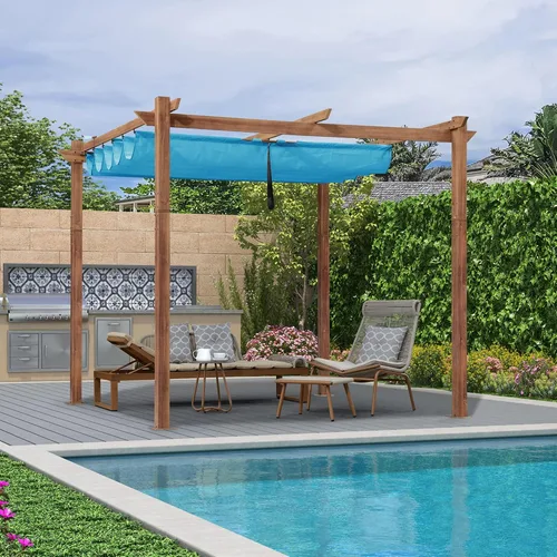 PURPLE LEAF Pérgola retráctil para exteriores de 10 x 10 pies con toldo, refugio de metal para patio, jardín, pabellón, marco de grano de madera