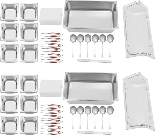 Miniatura 3 de Recipiente de exhibición de alimentos para encimera, 6 sartenes, bandeja de acero inoxidable para servir alimentos helados con cubierta superior