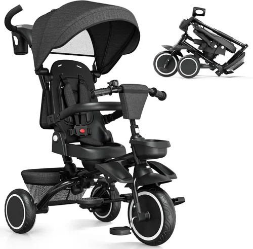 Miniatura 8 de TODEFULL - Triciclo plegable para niños, 8 en 1, triciclo para bebé con toldo extraíble y ajustable, mango para padres, arnés de seguridad de 5