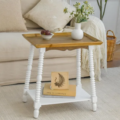 Mesa auxiliar, mesa auxiliar estrecha con almacenamiento de 2 niveles, mesa auxiliar de madera vintage con borde elevado, mesa decorativa para sala