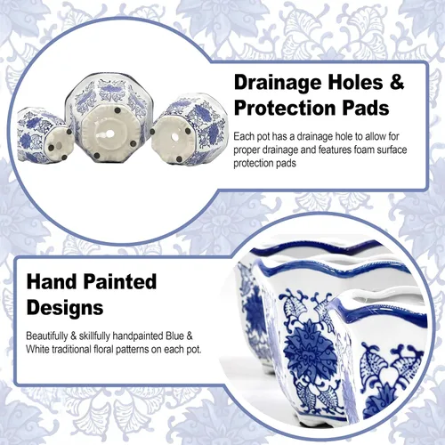 Miniatura 2 de Galt International Macetas decorativas de cerámica de porcelana floral azul y blanca 8"/6"/4.5" pulgadas, macetas de jardín con diseño chino Azul