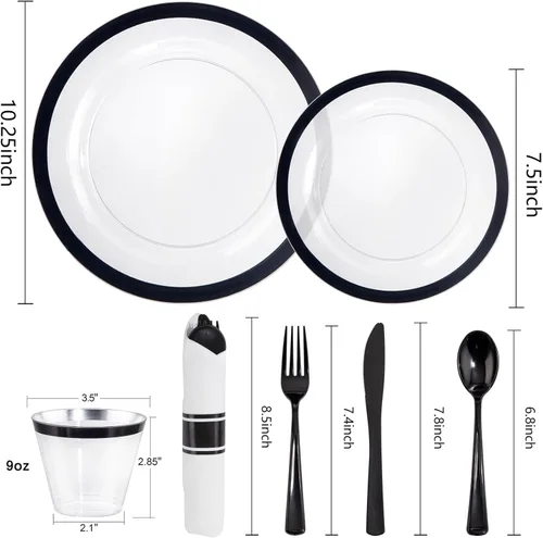 Miniatura 3 de I00000 Juego de 210 platos de plástico transparente y negro, juego de vajilla desechable, incluye 30 platos de cena, 30 platos de postre, 30 vasos