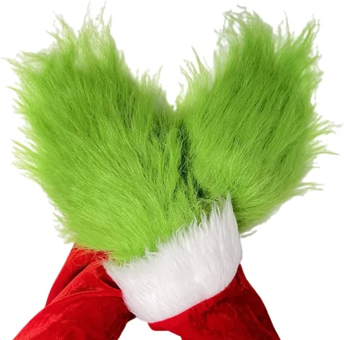 Miniatura 4 de Hefnoya Guantes de felpa de monstruo verde para adultos y niños, disfraz de Papá Noel de Navidad, accesorios de máscara de manos verdes, Guantes