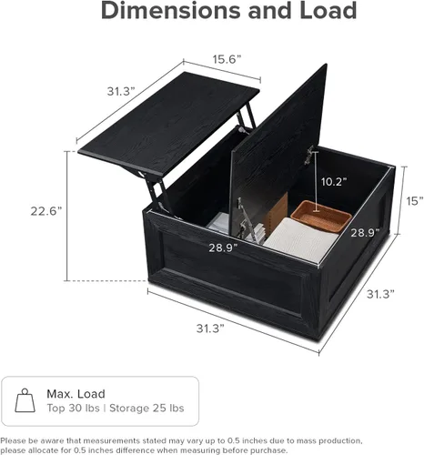 Miniatura 2 de Mopio Blake - Mesa de centro con tapa abatible y almacenamiento, mesa de centro cuadrada moderna de estilo rústico con parte superior fácil