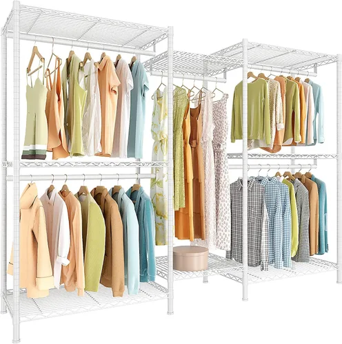 Miniatura 8 de Raybee Perchero de ropa para colgar ropa, capacidad de 900 libras, armario portátil resistente con 5 barras de suspensión y 8 estantes