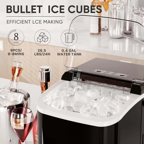 Miniatura 2 de DUMOS Máquina de hielo para encimera con asa, máquina de hielo portátil de 26 libras/24 horas, 9 cubos de hielo de bala listos en 6 minutos
