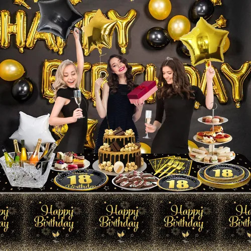 Miniatura 5 de Decoraciones de 18 cumpleaños para niños y niñas - 81 piezas de platos, servilletas, mantel, tenedores, decoración de fiesta negra y dorada, sirve
