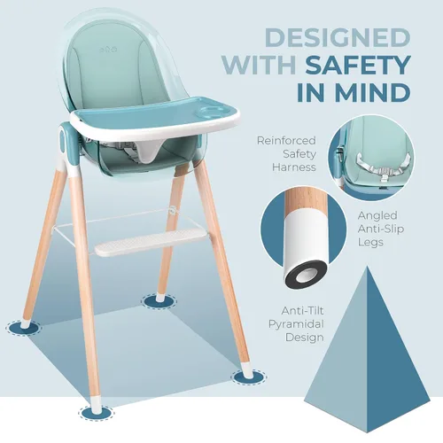 Miniatura 3 de Silla alta de madera de lujo 6 en 1 para bebés y niños pequeños, moderna, segura y compacta, fácil de limpiar y montar, bandeja y cojín extraíbles