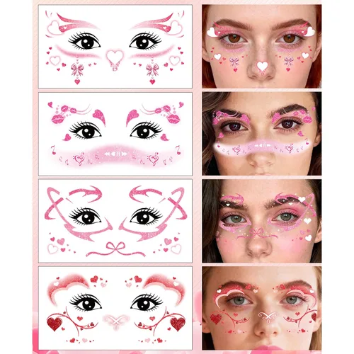 Miniatura 14 de 8 hojas de tatuajes temporales de corazones de San Valentín, calcomanías de tatuaje falsas rojas para niñas y mujeres, cara, cuerpo, día de San