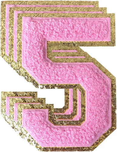 Miniatura 53 de 3 parches de números de chenilla negra, tamaño grande de 4-1/2" parches de números para planchar, parches universitarios para ropa, 8" Borde oro rosa