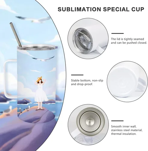 Miniatura 5 de 4 vasos delgados en blanco de sublimación de 24 onzas, tazas blancas con asa y pajita, taza recta de viaje de acero inoxidable de doble pared