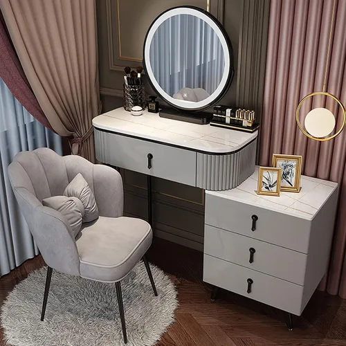 Miniatura 8 de Juego de tocador grande con luces LED, mesa de tocador de maquillaje con gabinete ajustable y taburete acolchado, 3 modos de iluminación, tocador