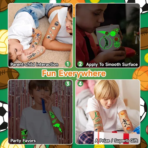 Miniatura 6 de EMOME 30 hojas de tatuajes luminosos para niños, estilos deportivos, calcomanías temporales de tatuaje con fútbol, baloncesto, fútbol, suministros