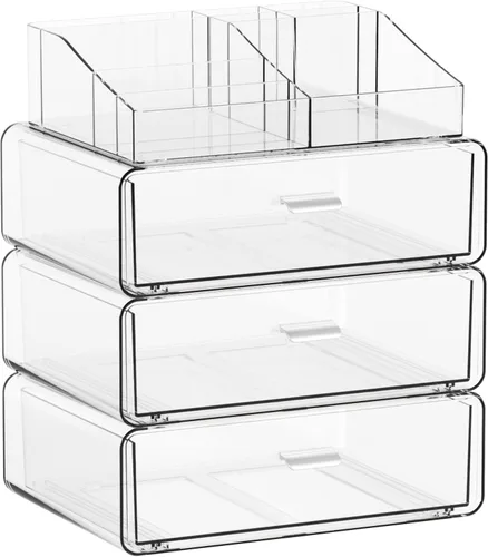 Miniatura 10 de Yieach Organizadores de maquillaje de 3 niveles en acrílico transparente con 2 cajones, soporte de maquillaje tiered de escritorio y organizadores