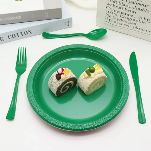Miniatura 4 de Juego de 300 cubiertos de plástico verde resistente, desechables, incluye 100 tenedores de plástico, 100 cuchillos, 100 cucharas para cumpleaños