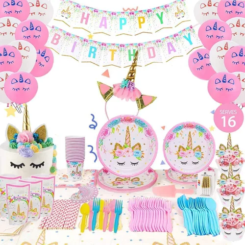 suministros de fiesta de cumpleaños incluyendo platos, tazas, popotes y manteles para fiesta de cumpleaños, servicio para 16 invitados