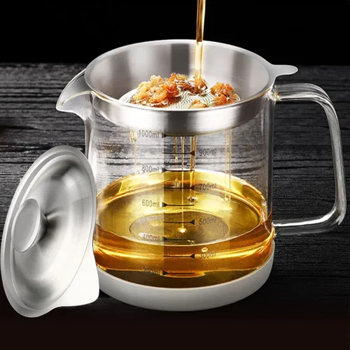 Contenedor de grasa de tocino de vidrio de 1L/35 oz con colador, lata de almacenamiento de aceite de cocina con filtro y escala de malla fina, tapa