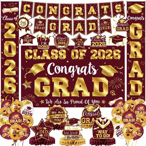 Miniatura 19 de Decoraciones de graduación 2026, juego de decoraciones de graduación rojo y negro con pancarta y telón de fondo de felicitaciones, letrero