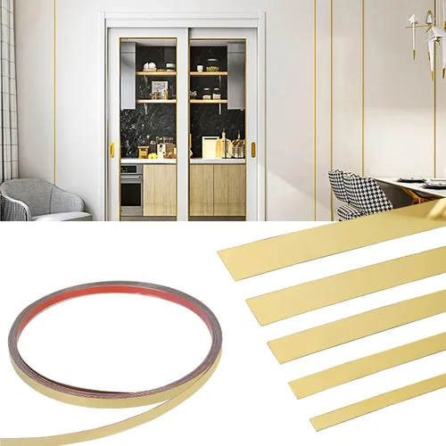 Miniatura 6 de Moldura de pared dorada de 16 pies de acero inoxidable para despegar y pegar, cinta autoadhesiva de metal para espejo, acabado metalizado similar a