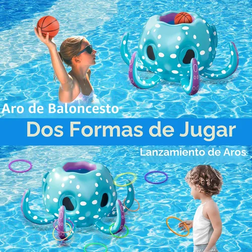 Miniatura 2 de iPlay, iLearn Juguetes de piscina de pulpo para niños, juego inflable 2 en 1 para piscina, juego de aro de baloncesto y lanzamiento de anillo, juego