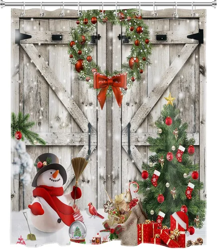 Miniatura 2 de Christmas Shower Curtain, Christmas Tree with Red Xmas Balls and Cute Snowman on Barn Door Bathroom Curtain, Winter Holiday Bathroom Decor with 10