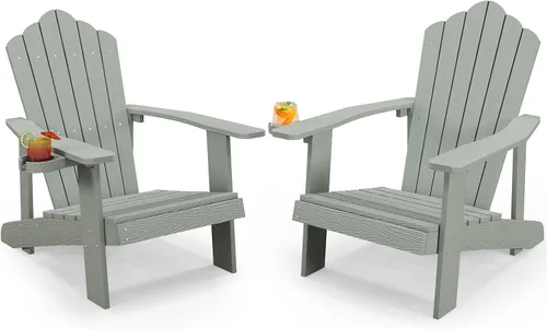 Miniatura 34 de Tangkula Silla Adirondack de gran tamaño, sillas de patio con soporte ajustable para tazas, sillones con caderas y listones, resistente a