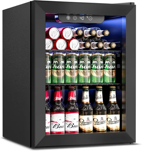 Feelfunn - Refrigerador para bebidas con capacidad para 16 botellas y 68 latas, mini refrigerador con puerta de vidrio, para gaseosas, vino y