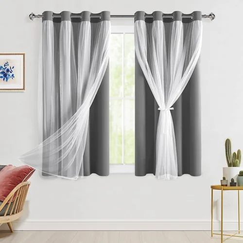 Miniatura 26 de Hiasan Cortinas opacas con superposición transparente, aislamiento térmico para mezclar y combinar de doble capa, cortinas de oscurecimiento de Beige