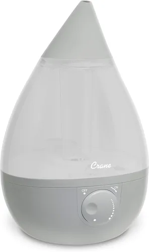 Crane Humidificador ultrasónico de niebla fría en forma de lágrima, tanque grande de 1 galón, apagado automático, humidificadores de bebé para Gris