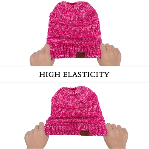 Miniatura 5 de Rosoz 1&2 Packs Ponytail Beanie for Women,Winter Warm Beanie Tail Soft Stretch Cable Knit Messy High Bun Hat