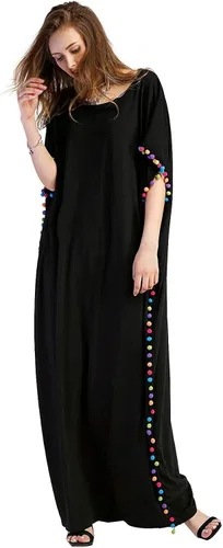 Miniatura 3 de Floerns Maxivestido caftán holgado con cuello redondo y ribete de pompón para mujer