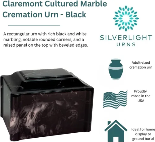 Miniatura 5 de Urna de cremación de mármol cultivado de Claremont negro, tamaño adulto, urnas de cremación para cenizas humanas, entierro en tierra, conmemorativo