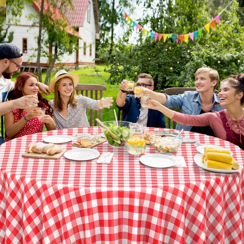 Miniatura 6 de Paquete de 12 manteles redondos de plástico rojo y blanco a cuadros desechables de alta calidad para fiestas, manteles redondos de fiesta