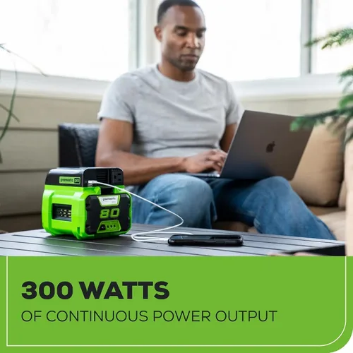 Miniatura 4 de Greenworks Inversor de corriente Pro de 80 V (300 vatios), 120 V CA, para cargar dispositivos electrónicos pequeños, teléfonos inteligentes