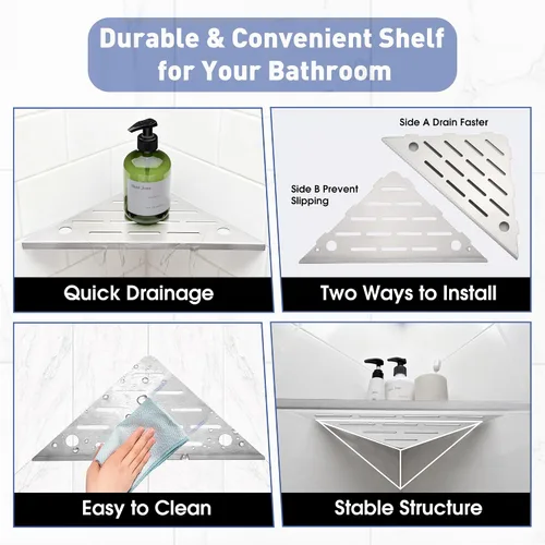 Miniatura 5 de Estante esquinero para ducha, estante esquinero de ducha de 10 pulgadas con toallero y ganchos, paquete de 2 estantes de baño empotrados de acero