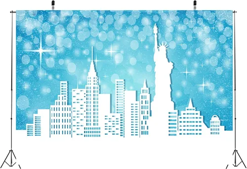 Miniatura 3 de BELECO Telón de fondo de tela de 5 x 3 pies con diseño de Feliz Navidad en Nueva York, escena de nieve, puntos con purpurina azul, estrellas