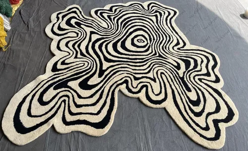 Miniatura 13 de Alfombra de forma irregular con patrón de ilusión copetuda a mano, 100% lana, hecha a mano (color multicolor, 4 x 4 pies)