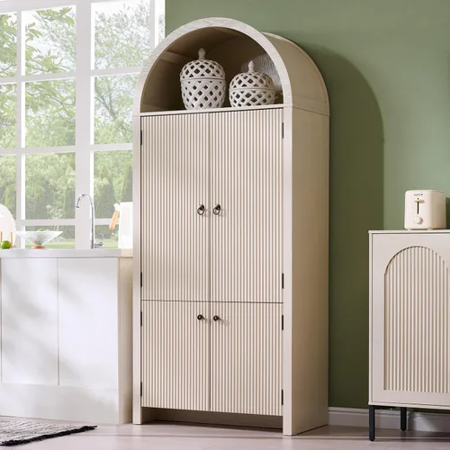 Miniatura 9 de IFGET Despensa de cocina arqueada de 71 pulgadas de alto, moderno armario de almacenamiento de madera estriada con puertas, 3 estantes ajustables, 6
