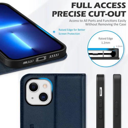 Miniatura 8 de SHIELDON Funda tipo cartera folio para iPhone 13 de 6.1 pulgadas, de piel auténtica, con función atril, bloqueo RFID, tarjetero magnético, Azul