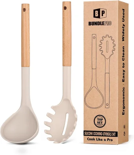 Juego de tenedor y cucharón de silicona para pasta con mango de madera, utensilios de cocina antiadherentes resistentes al calor para cocinar, Caqui