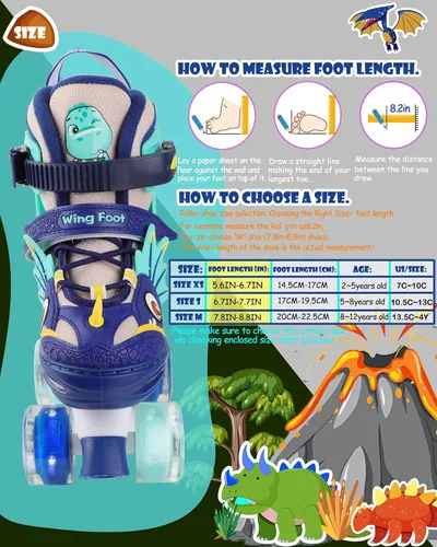 Miniatura 2 de Dino - Patines de ruedas para niños y niñas, WESKIFAN Dinosaur Quad Skating Shoes con ruedas brillantes y tamaños ajustables para principiantes
