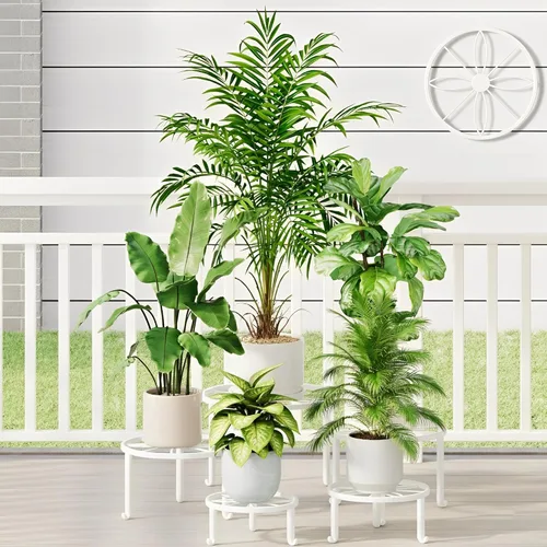 Paquete de 5 Soportes de Metal Resistente Decoran Múltiples Plantas para Interiores y Exteriores, Soporte de Hierro Antioxidante para Macetas, Blanco