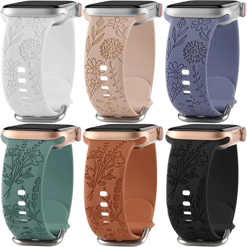 Miniatura 10 de Paquete de 6 correas de silicona grabadas con estampado floral compatibles con Apple Watch de 1.575 in 1.614 in 1.496 in 1.654 in 1.732 in 1.772 in