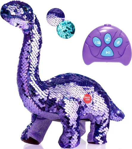 Koonie Juguetes de dinosaurio para niñas, juguetes para niñas de 2 años, dinosaurio morado, control remoto, reversible, con lentejuelas, juguete de