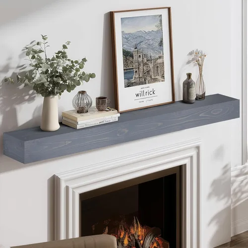 Miniatura 33 de Repisa de chimenea de 48 pulgadas, madera maciza rústica hecha a mano de 3 pulgadas de grosor, estante flotante largo de pared con soporte de metal